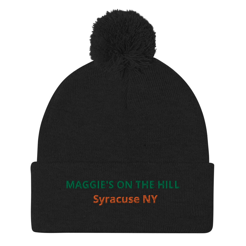 Embroidered pompom winter hat beanie for everyone with college bar "Maggie's on the Hill - Syracuse NY" stitched on the front