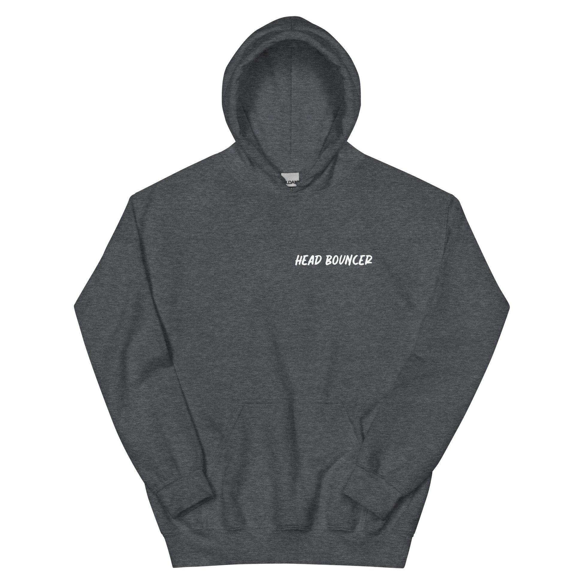 Dark heather sweatshirt hoodie that says 'Head Bouncer'