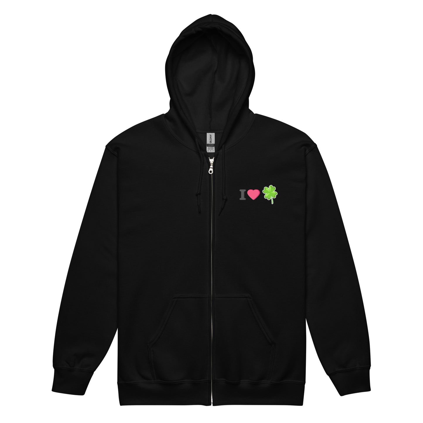 Unisex black graphic hoodie that says "I Love Luck"