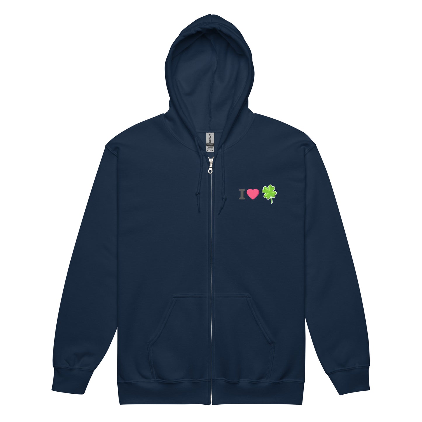 Navy graphic hoodie that says "I Love Luck"