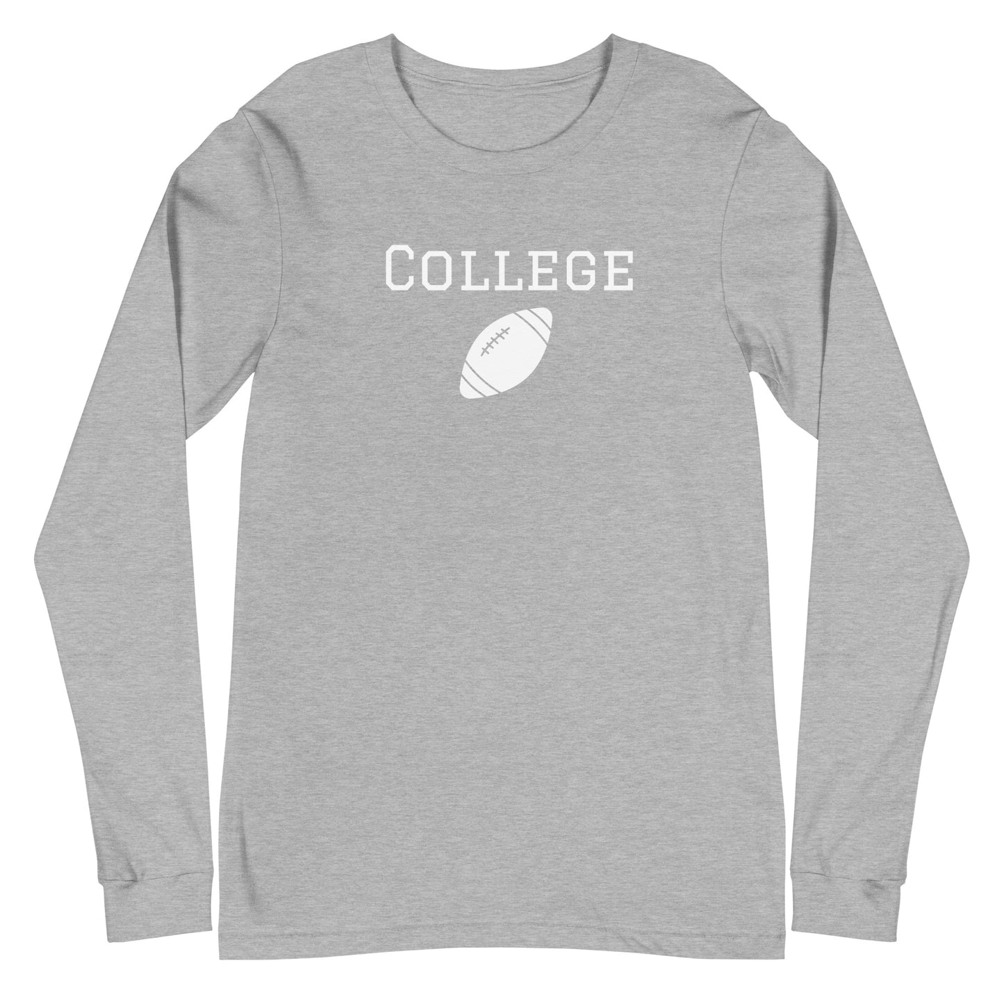 Grey long sleeve tee shirt that says 'college' and has a picture of a football 