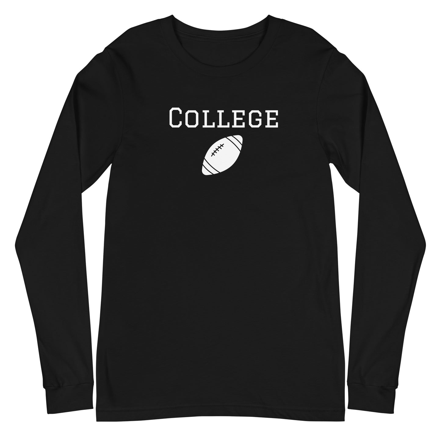 Black long sleeve tee shirt that says 'college' and has a picture of a football 