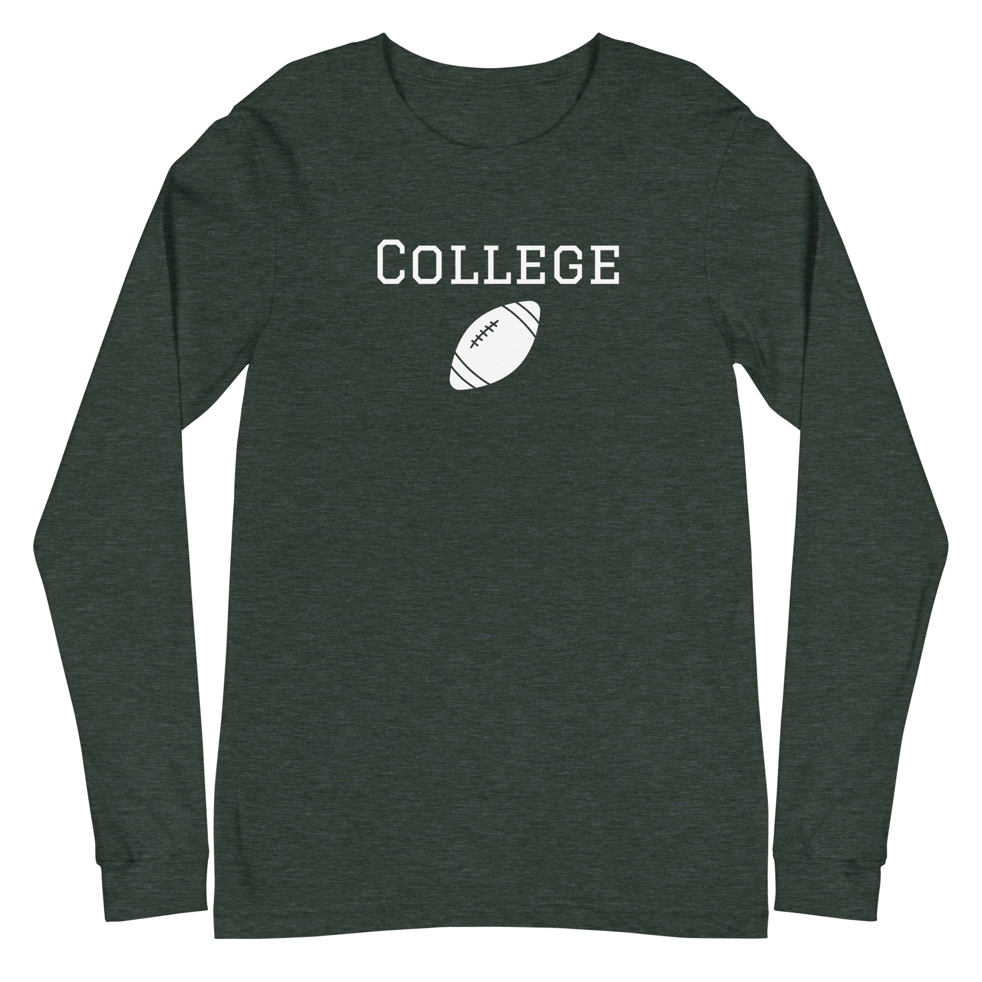 Forest green long sleeve tee shirt that says 'college' and has a football graphic
