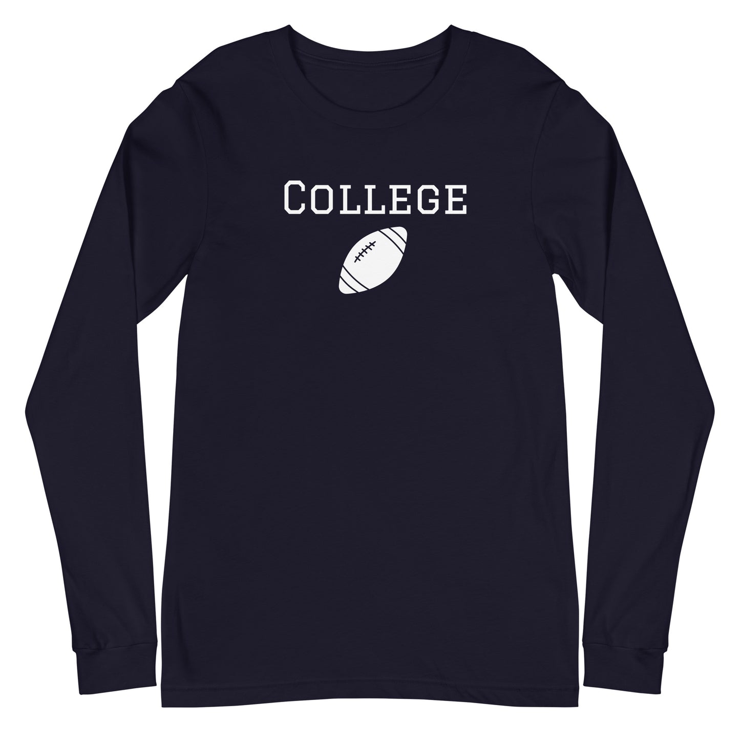 Navy blue long sleeve tee shirt that says 'college' football 