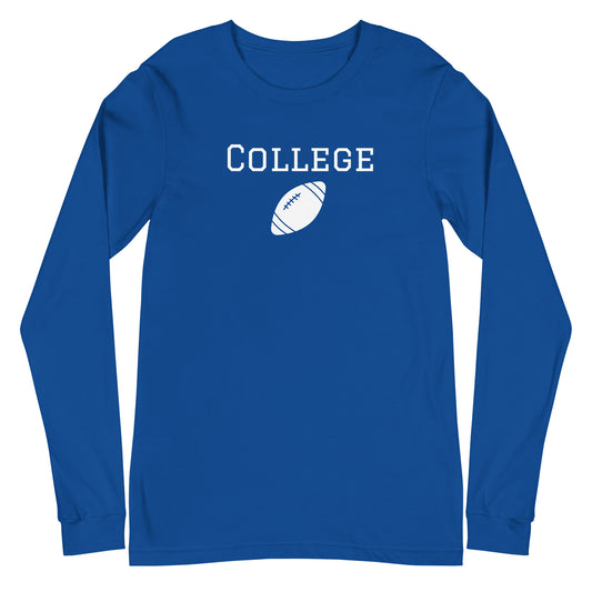 Royal blue long sleeve tee shirt that says 'college' and has a football