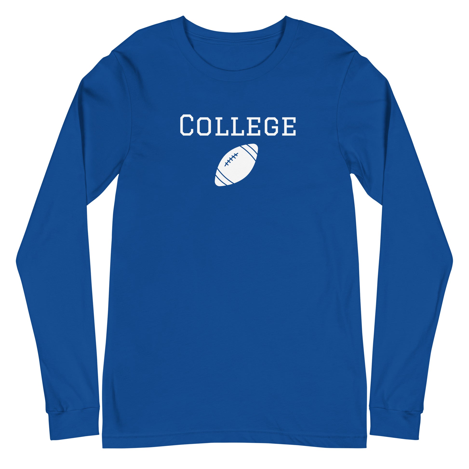 Royal blue long sleeve tee shirt that says 'college' and has a football