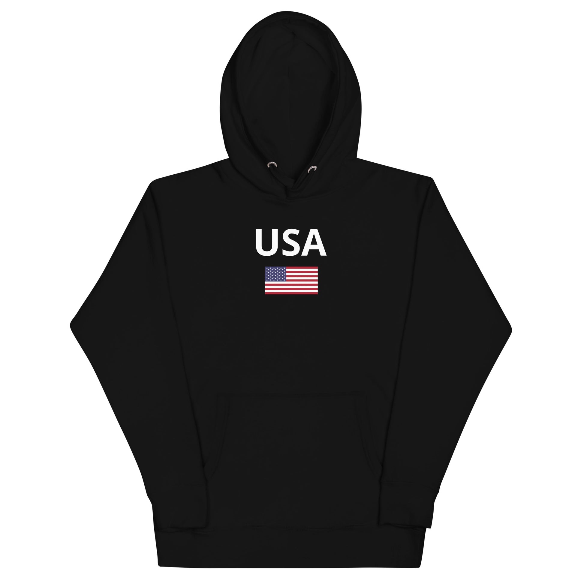 Black unisex hoodie sweatshirt says 'USA' and has a US flag 