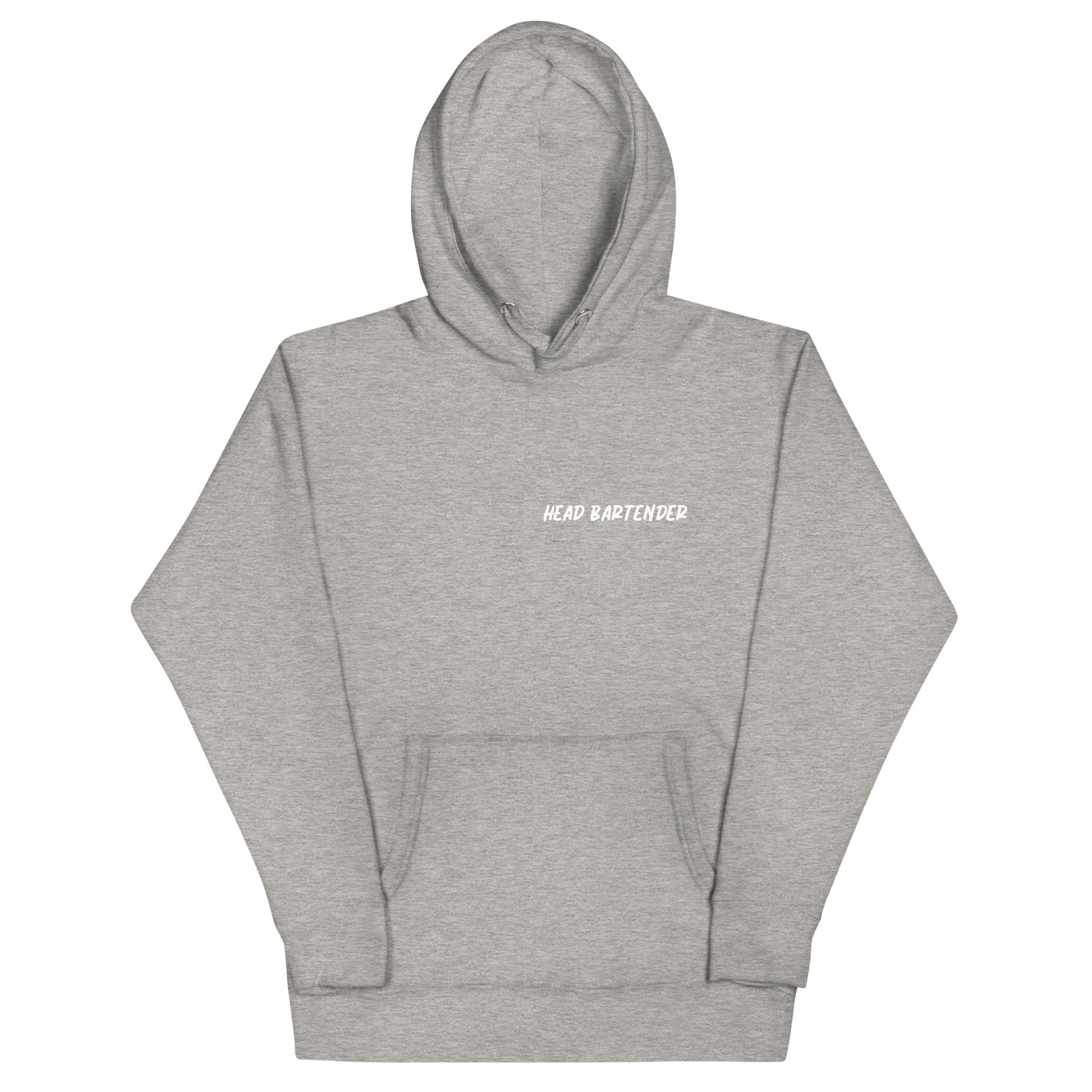 Grey unisex hoodie says "Head Bartender" 