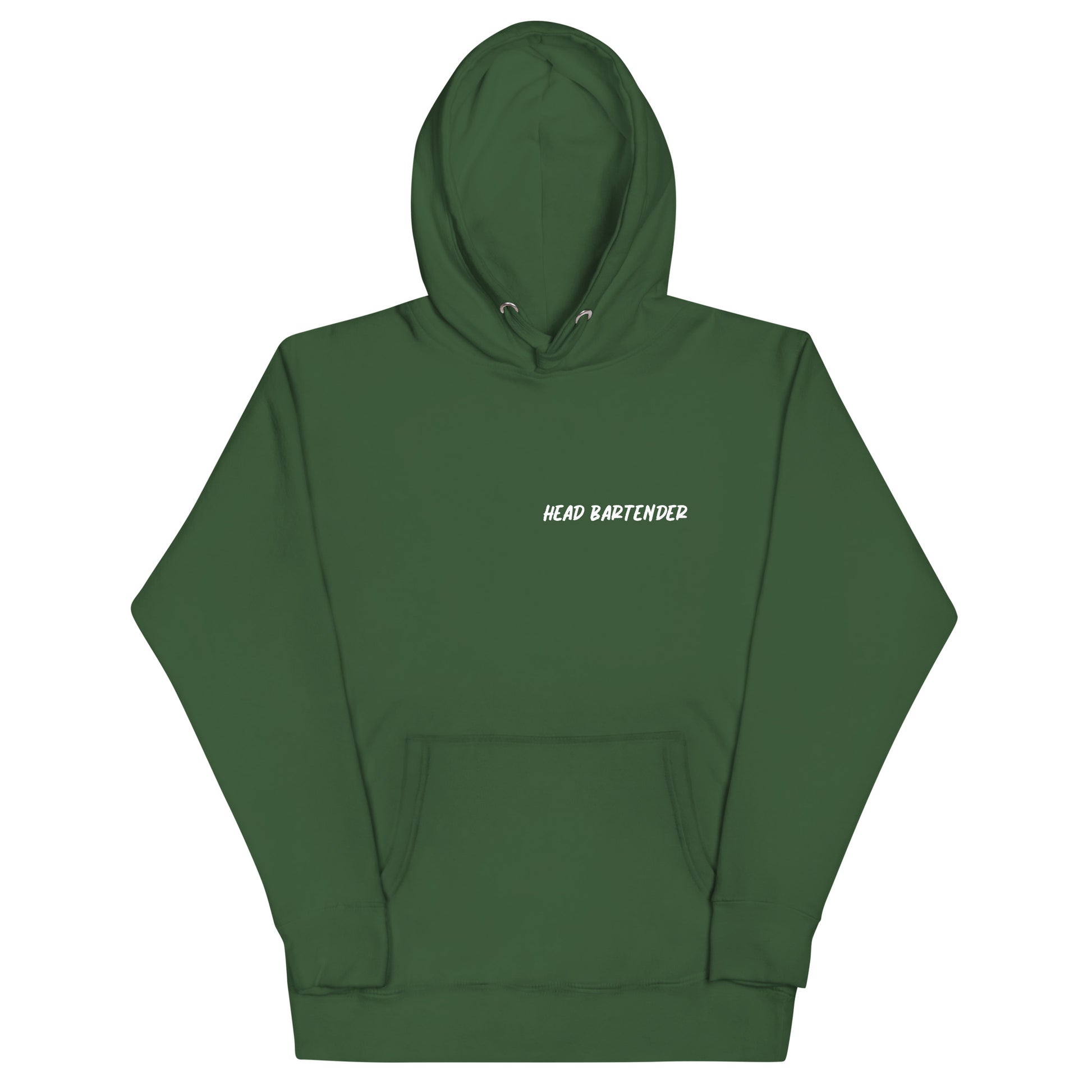 Forest green unisex hoodie says "Head Bartender" 