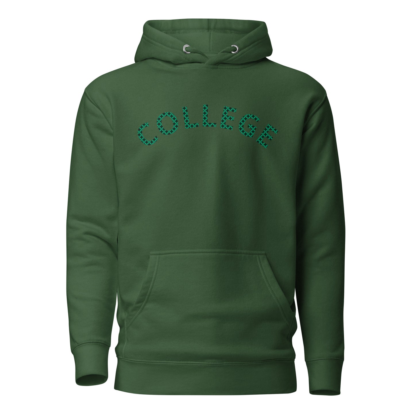 Mens Forest Green Hoodie that says 'College'  in green