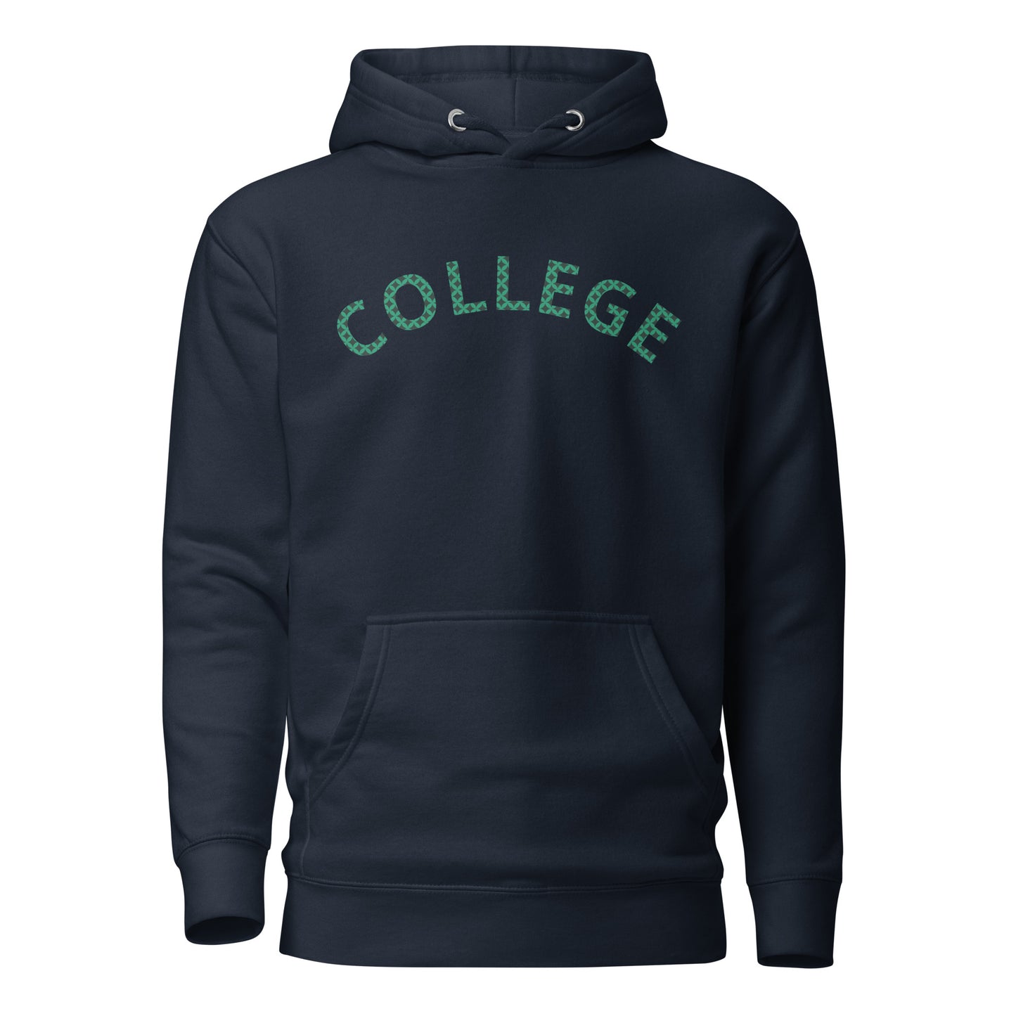 Navy Mens Hoodie that says 'College' in the center