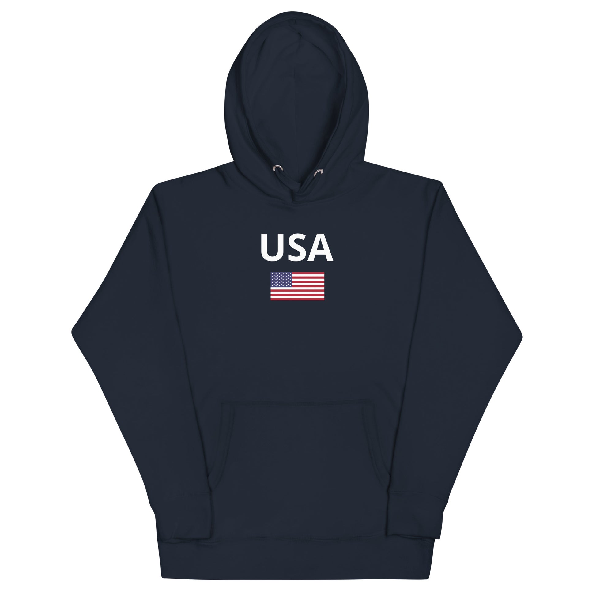 Navy blue unisex hoodie sweatshirt says 'USA' and has a US flag 