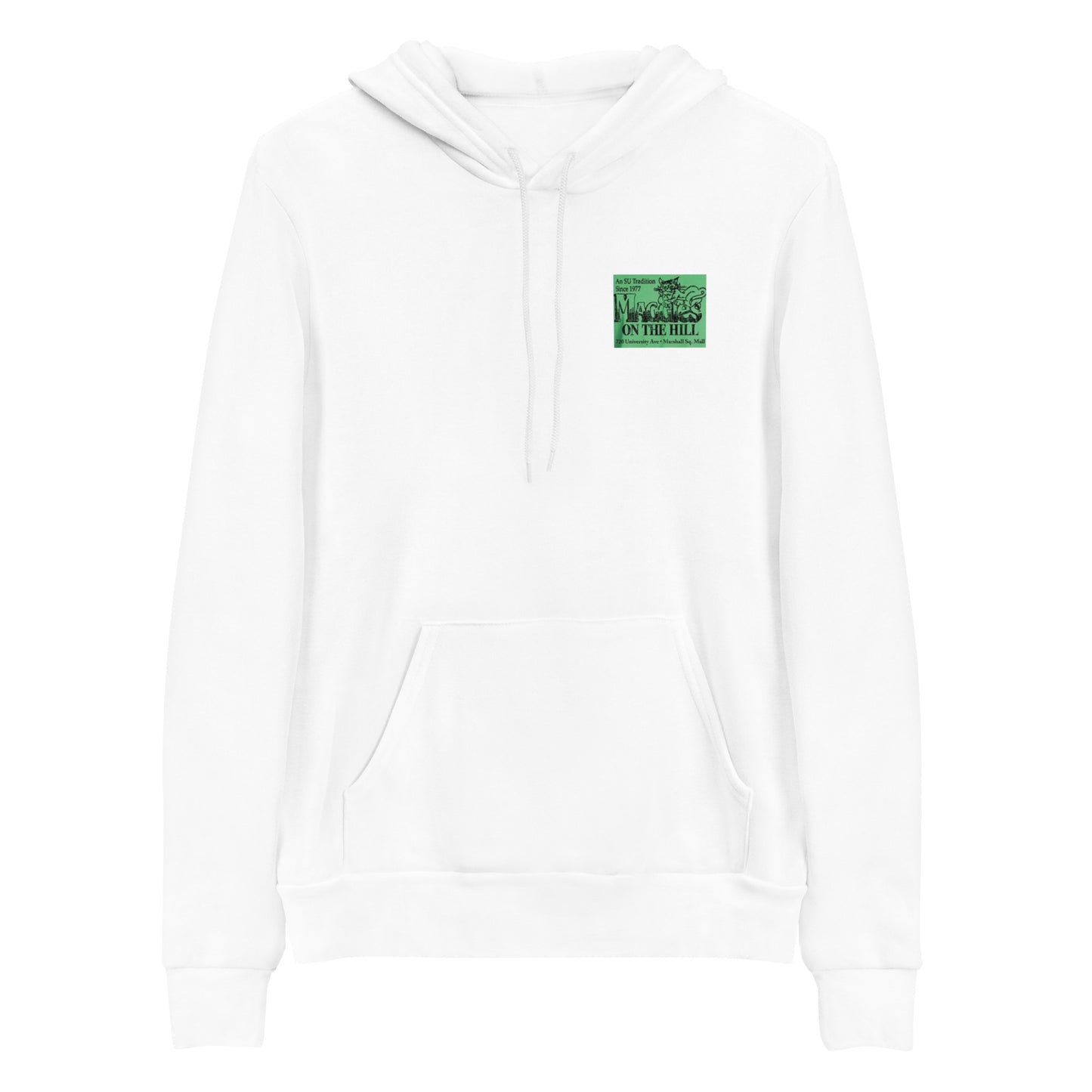 White sweatshirt hoodie that says 'Maggie's on the Hill' 