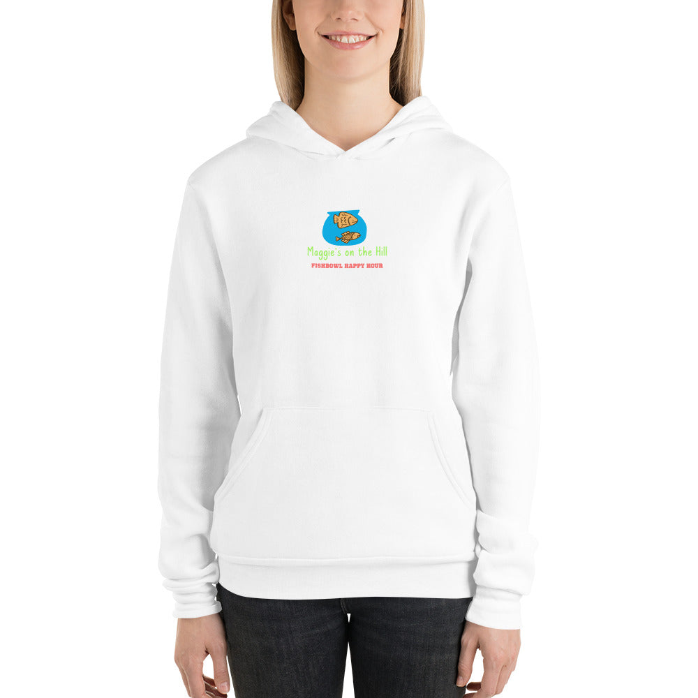 A must-have for all college fans, a white sweatshirt hoodie with colorful font that says "Fishbowl Happy Hour" 