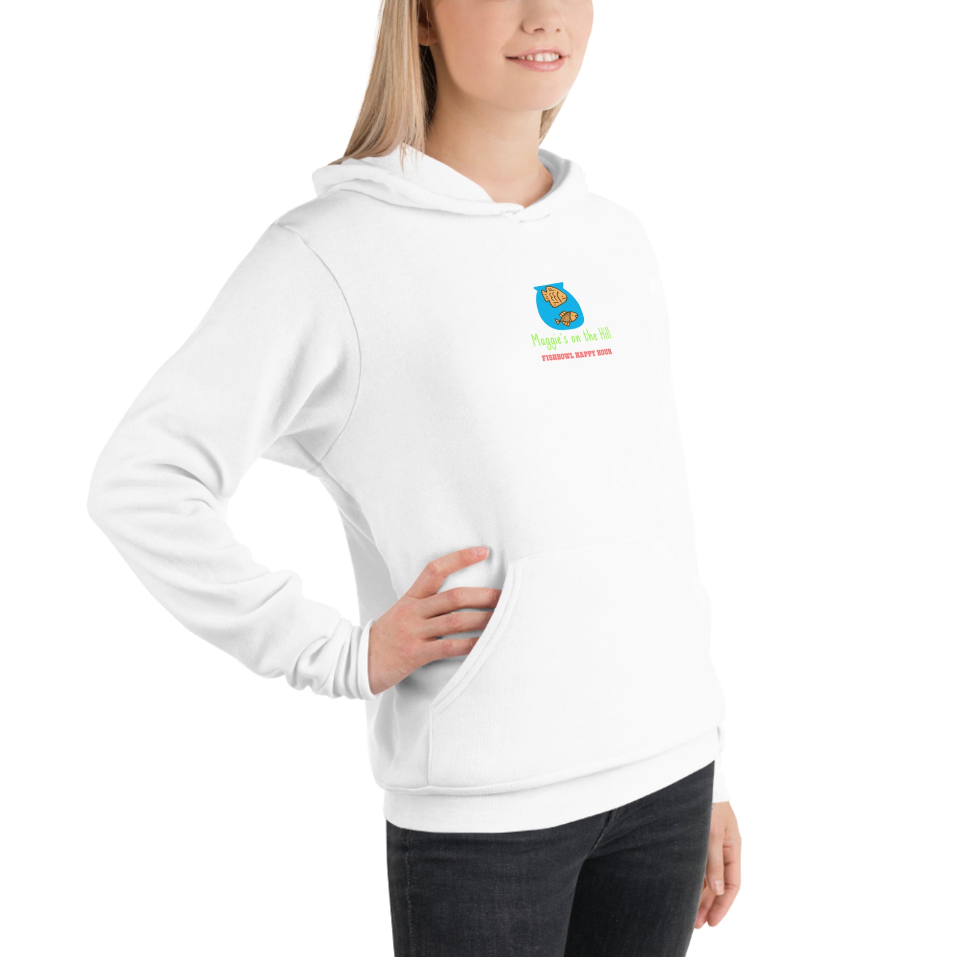 Maggie's on the Hill - A famous college bar's white sweatshirt warm hoodie celebrating the college bar tradition of a "Fishbowl Happy Hour"