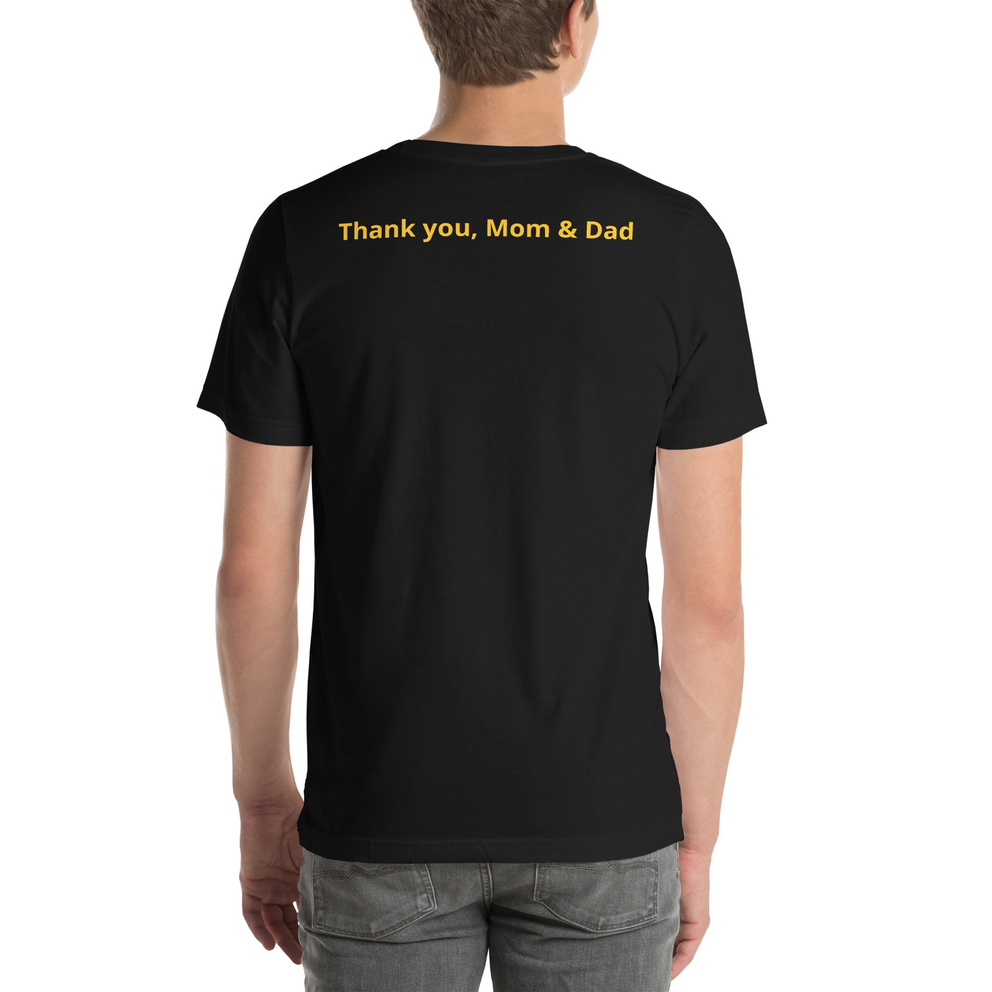Black color short sleeve tee shirt that says "College '24 Grad" on the front and "Thank you, Mom & Dad" on the back in yellow-gold font
