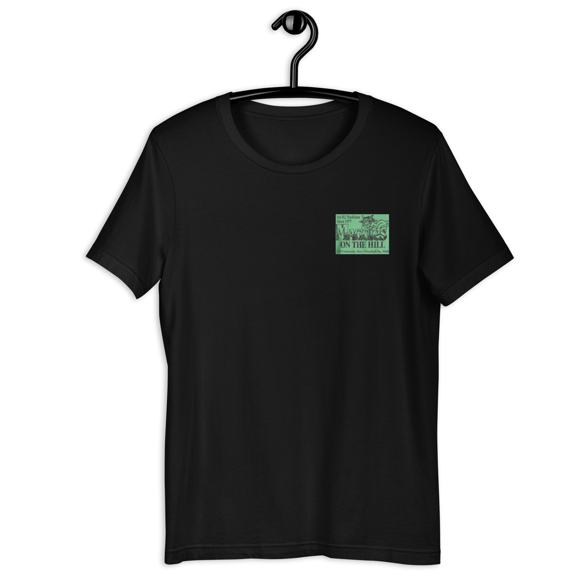 Black unisex tee shirt that says 'Maggie's on the Hill' in green and black