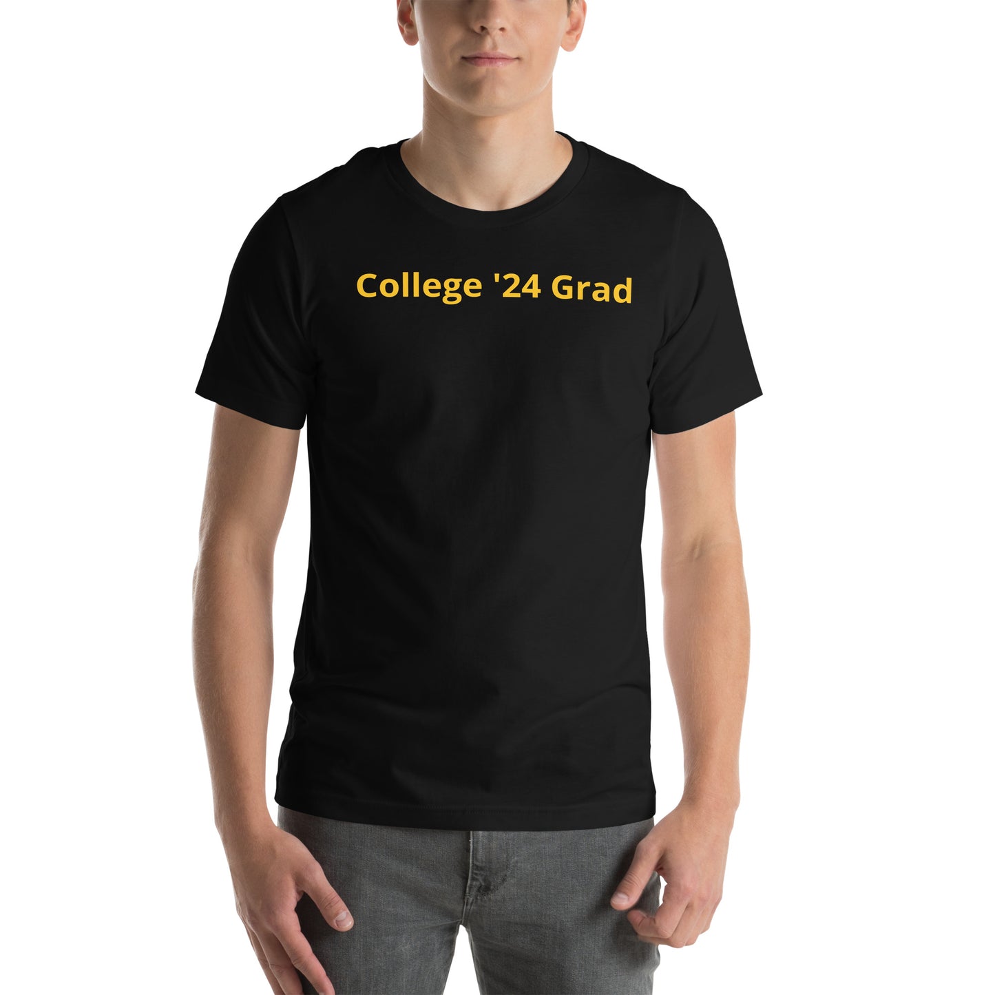 Black short sleeve tee shirt that says "College '24 Grad" on the front and "Thank you, Mom & Dad" on the back