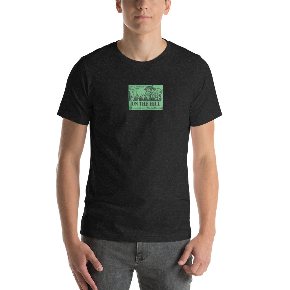 Black unisex graphic tee shirt that says 'Maggie's on the Hill' in green and black