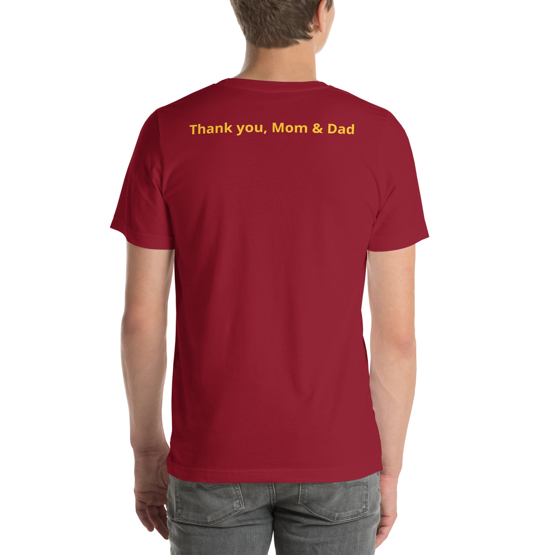 Cardinal red short sleeve tee shirt that says "College '24 Grad" on the front and "Thank you, Mom & Dad" on the back in yellow-gold font