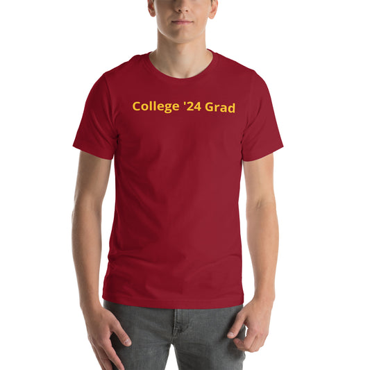 Cardinal color short sleeve tee shirt that says "College '24 Grad" on the front and "Thank you, Mom & Dad" on the back