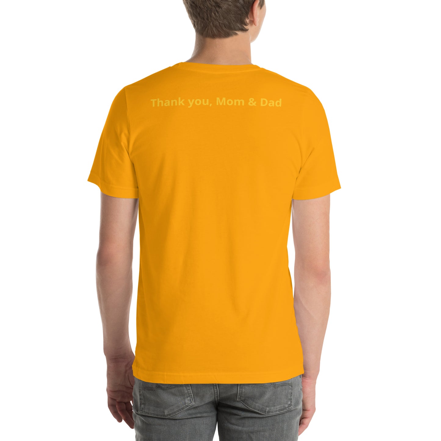 Gold on gold colored short sleeve tee shirt that says "College '24 Grad" on the front and "Thank you, Mom & Dad" on the back in yellow-gold font