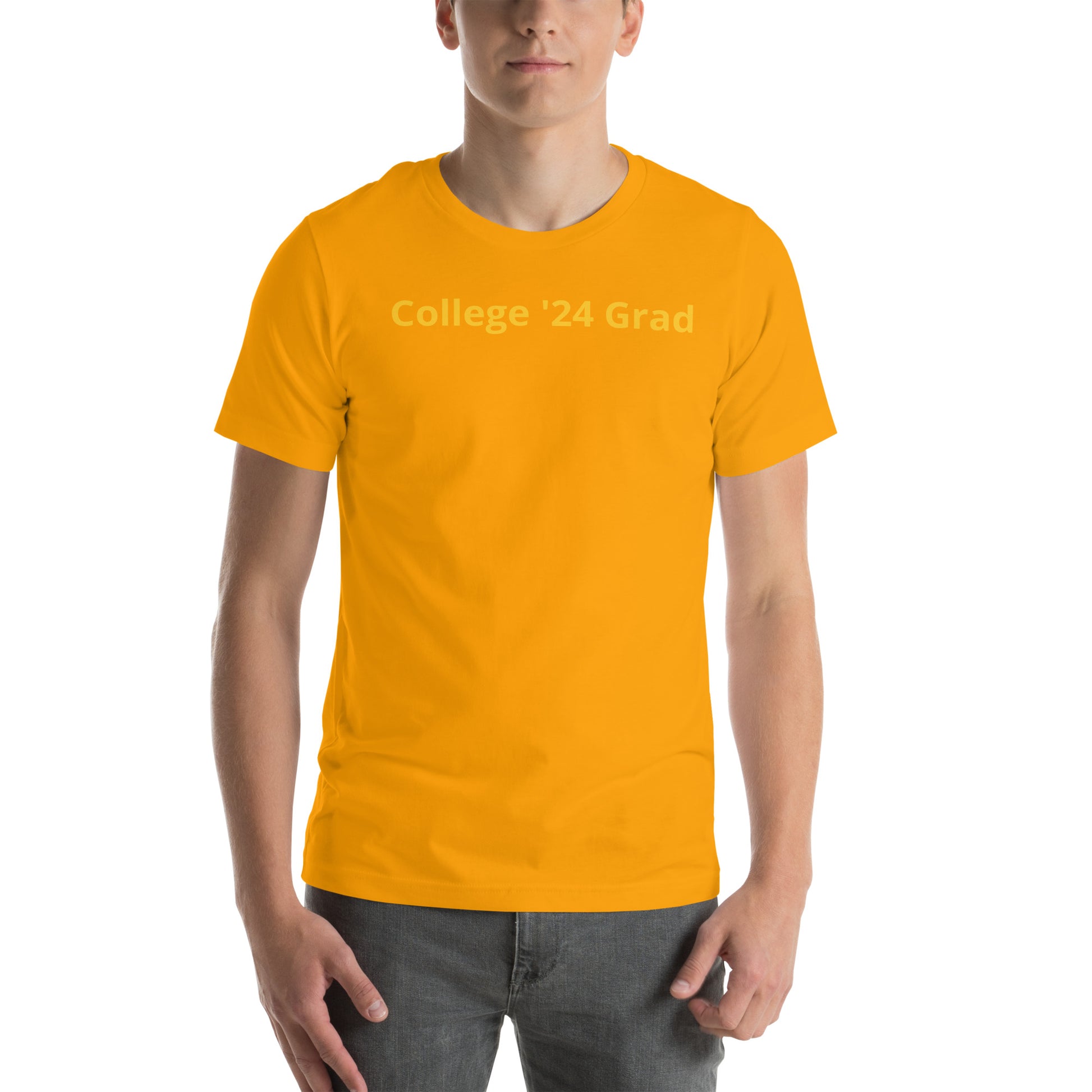 Gold color short sleeve tee shirt that says "College '24 Grad" on the front and "Thank you, Mom & Dad" on the back in subtle yellow-gold font