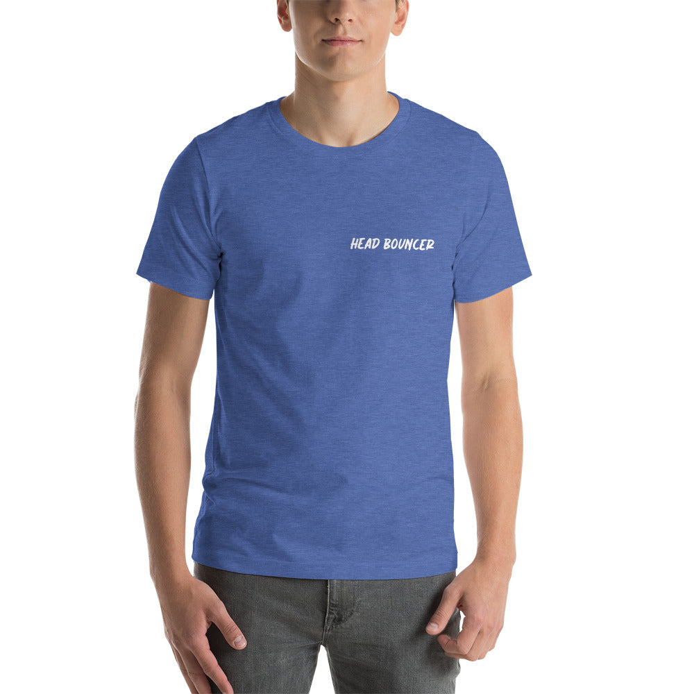 Mens royal blue T shirt that says 'Head Bouncer'