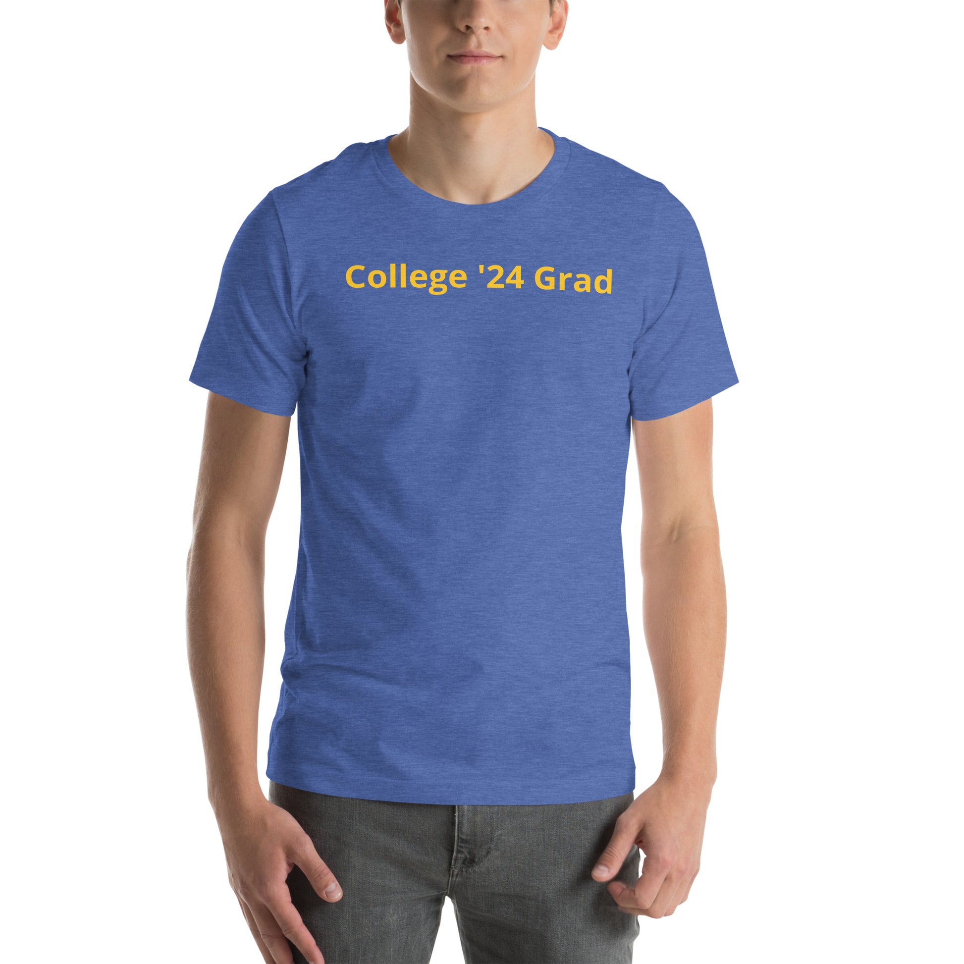 Royal blue color short sleeve tee shirt that says "College '24 Grad" on the front and "Thank you, Mom & Dad" on the back in yellow-gold font