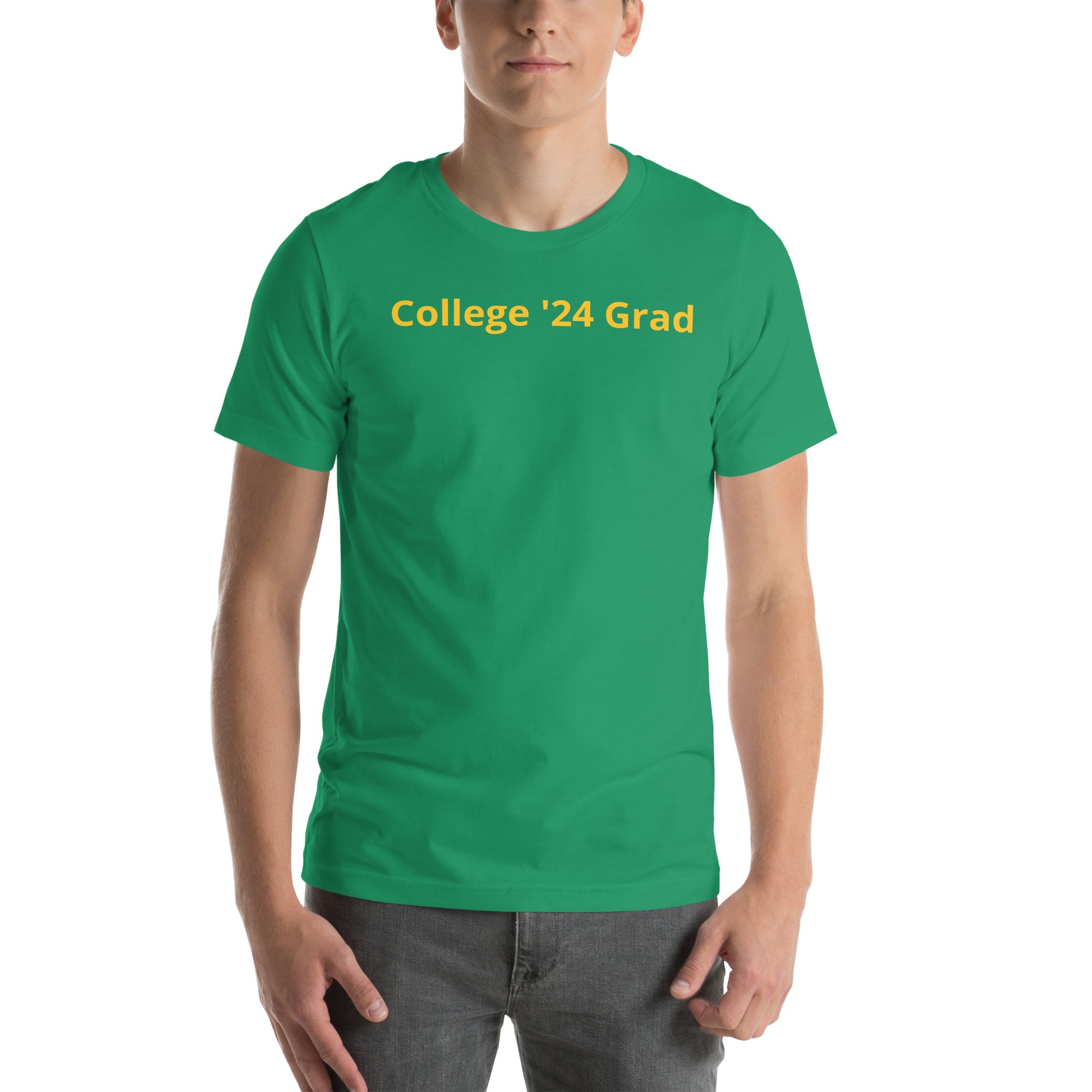 Kelly green color short sleeve tee shirt that says "College '24 Grad" on the front and "Thank you, Mom & Dad" on the back in yellow-gold font