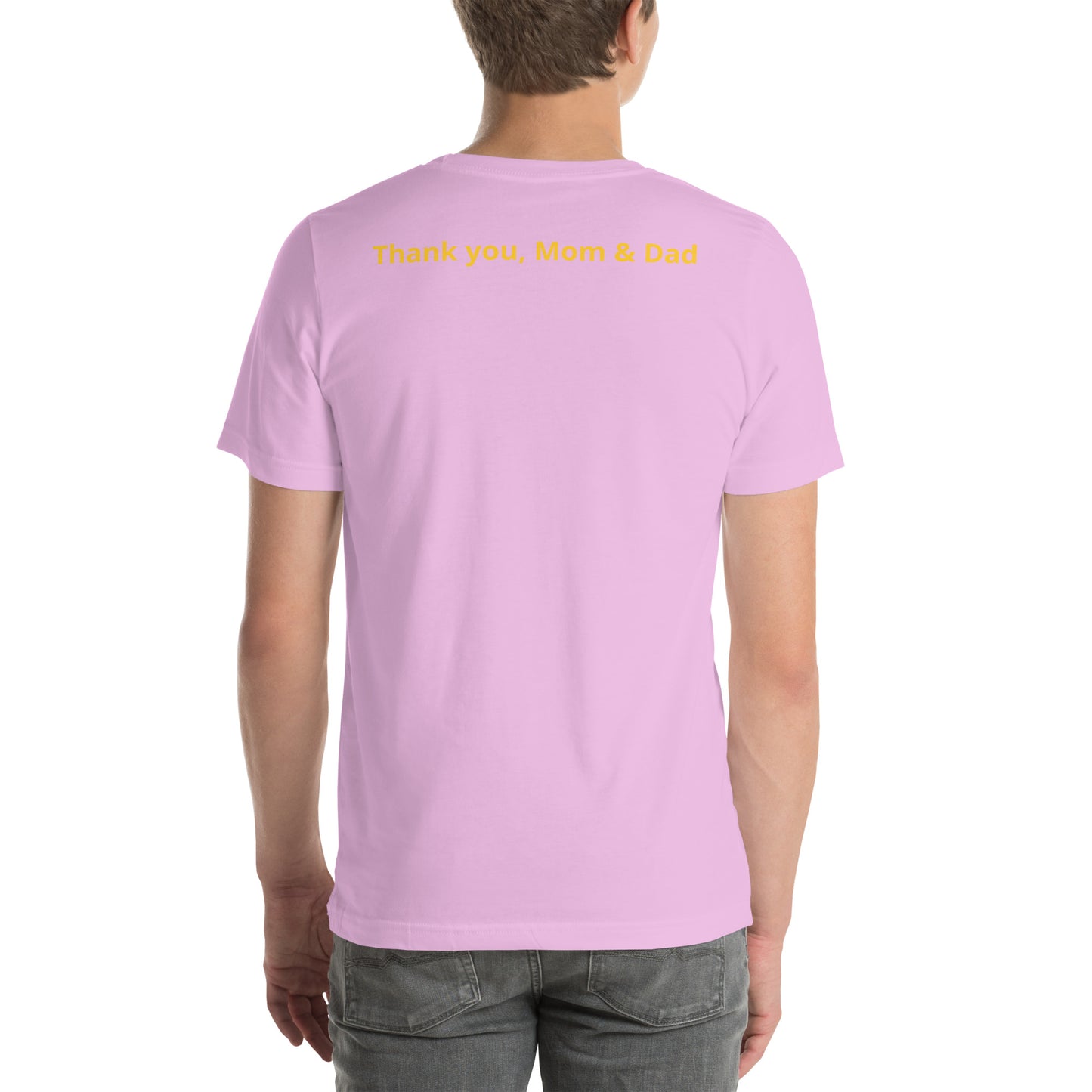 Spring lilac color short sleeve tee shirt that says "College '24 Grad" on the front and "Thank you, Mom & Dad" on the back in yellow-gold font