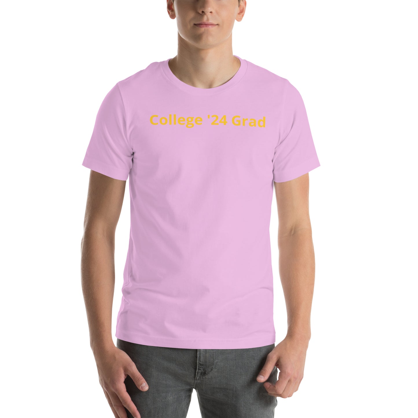 Lilac color short sleeve tee shirt that says "College '24 Grad" on the front and "Thank you, Mom & Dad" on the back in yellow-gold font