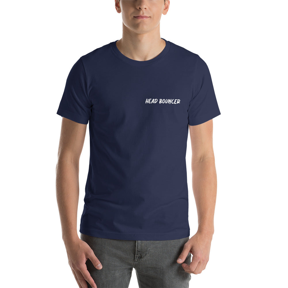 Mens tee shirt in navy blue that says 'Head Bouncer'