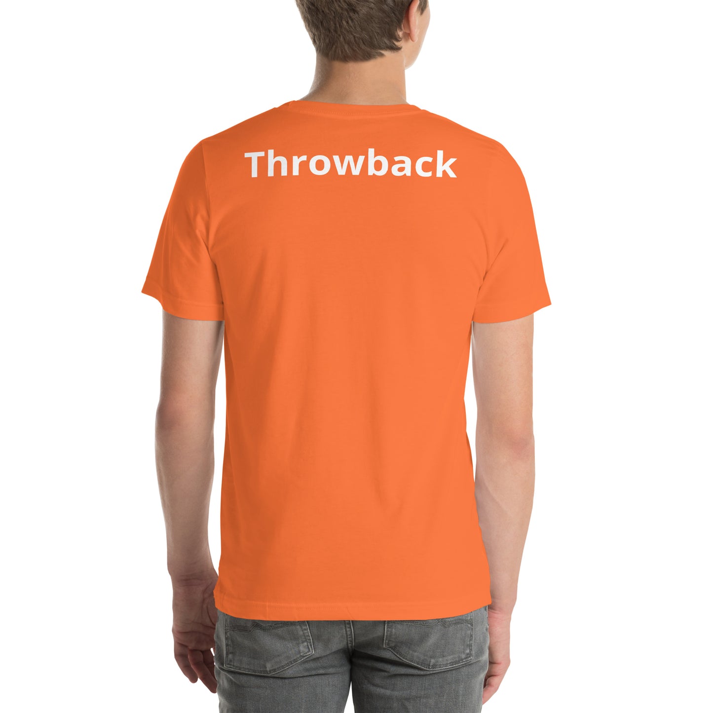 Orange college bar T-shirt with "Throwback" written on the back.