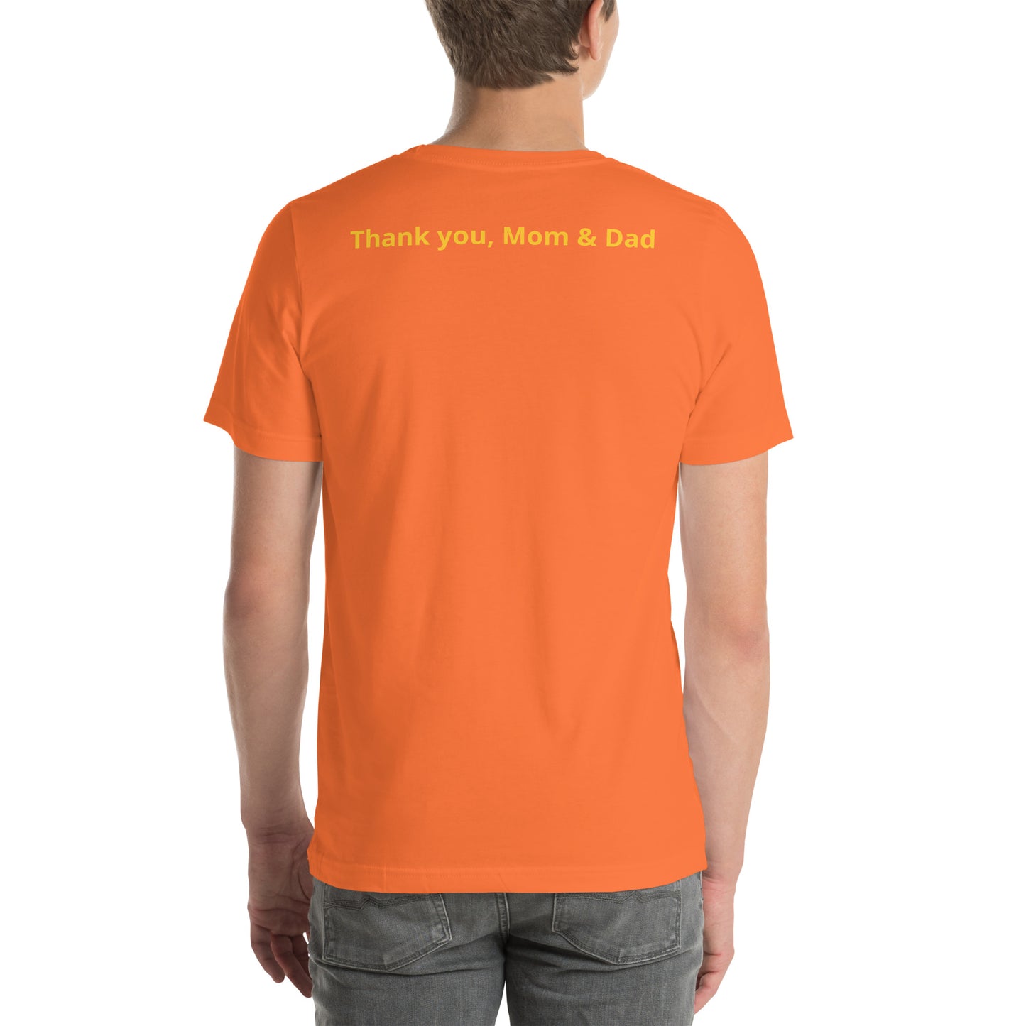 Orange color short sleeve tee shirt that says "College '24 Grad" on the front and "Thank you, Mom & Dad" on the back in yellow-gold font