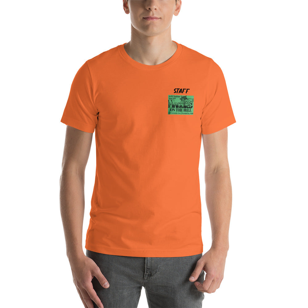 Orange tee shirt that says 'Maggie's on the Hill - Staff' 
