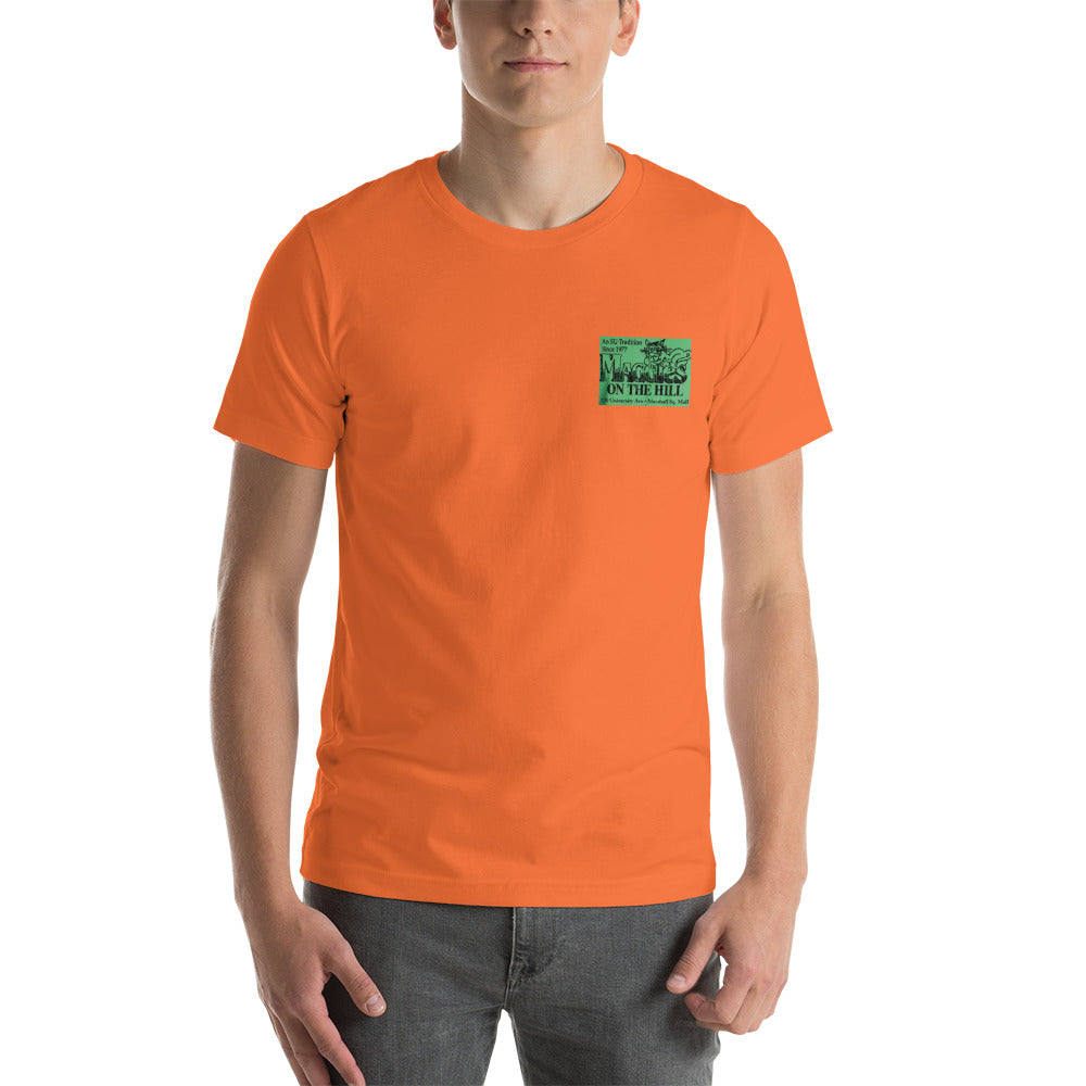 Orange unisex tee shirt that says 'Maggie's on the Hill, Syracuse NY'