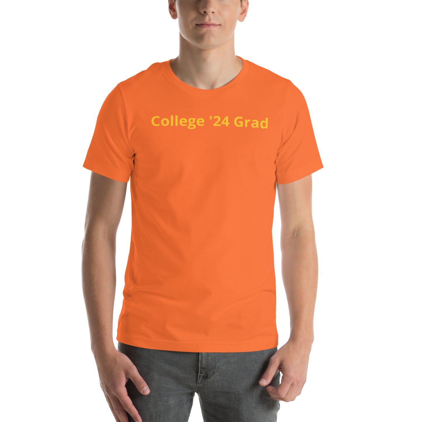 Orange color short sleeve tee shirt that says "College '24 Grad" on the front and "Thank you, Mom & Dad" on the back in yellow-gold font