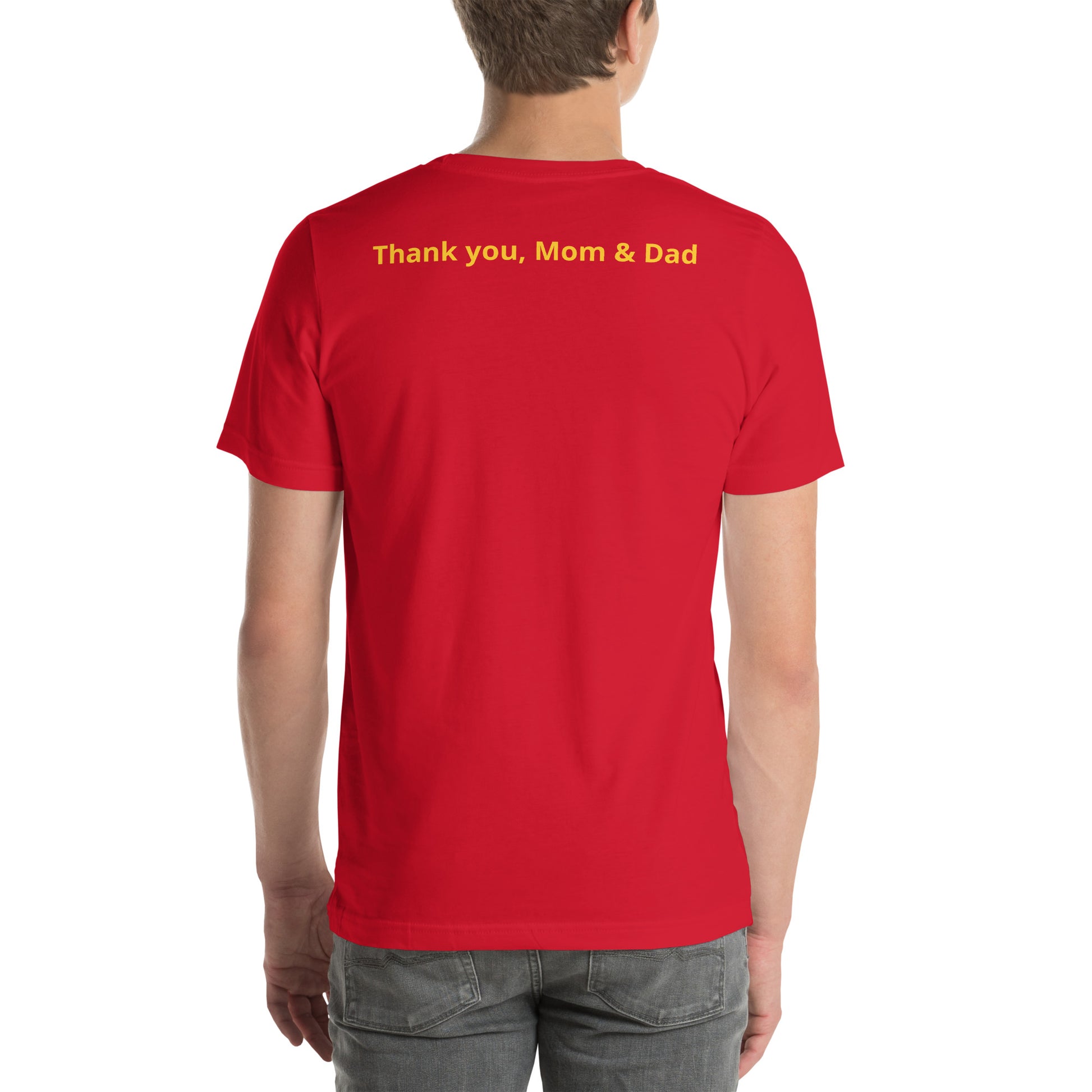 Red color short sleeve unisex tee shirt that says "College '24 Grad" on the front and "Thank you, Mom & Dad" on the back in yellow-gold font