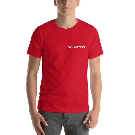 Red tee shirt that says 'Head Bartender"