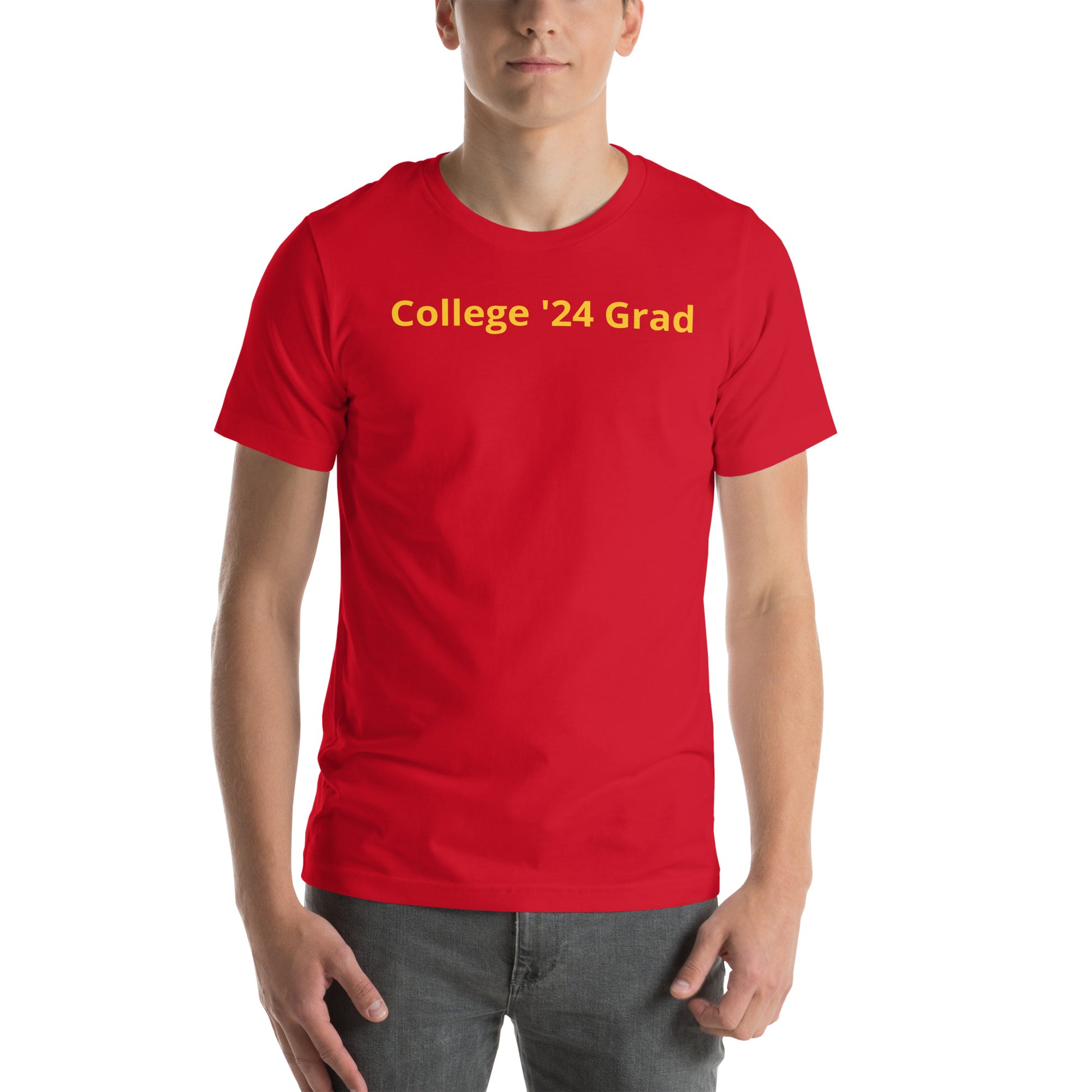 Red short sleeve tee shirt that says "College '24 Grad" on the front and "Thank you, Mom & Dad" on the back in yellow color font