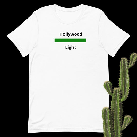 White graphic short sleeve Hollywood-themed college casual t-shirt