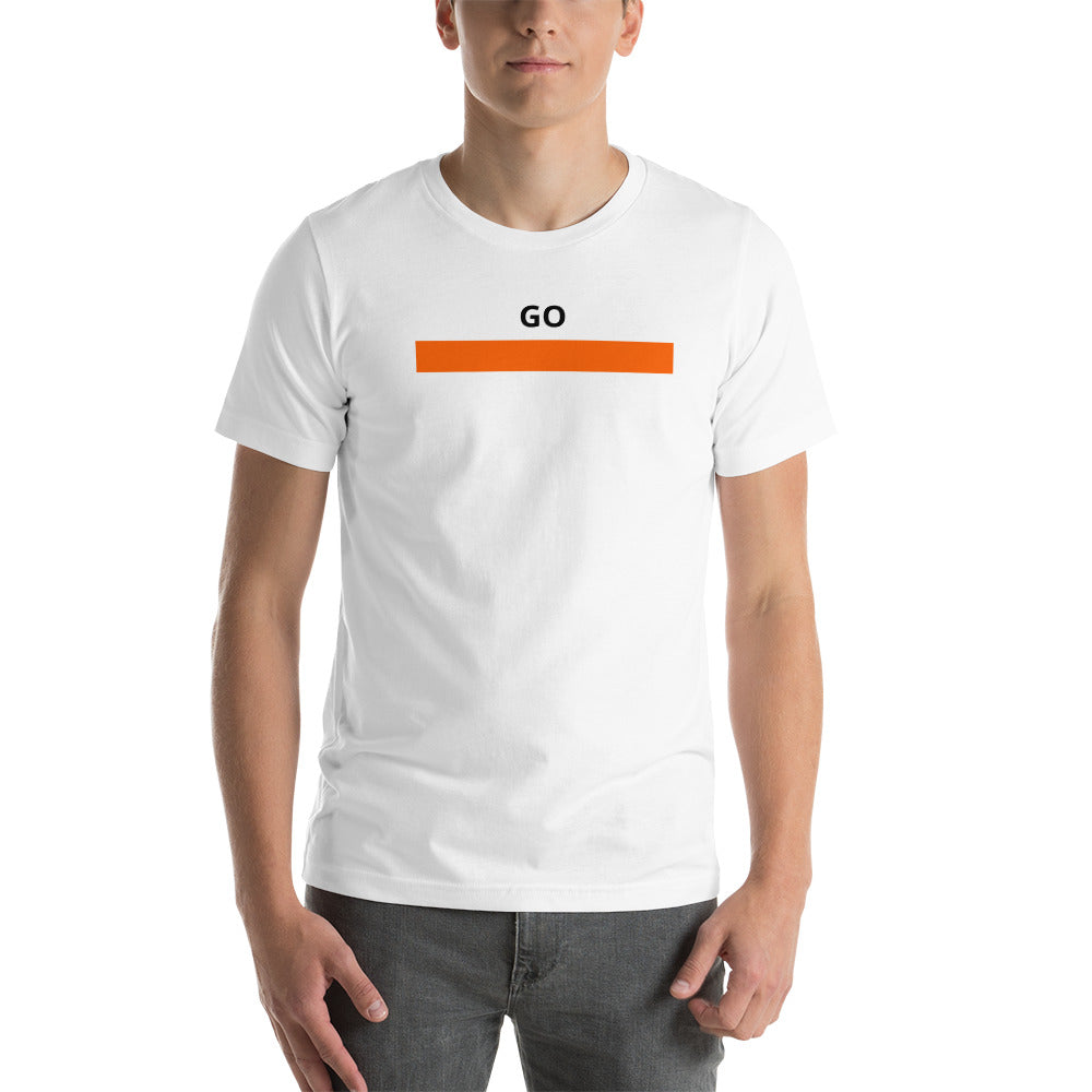 White tee shirt with "Go" orange graphic: For Syracuse NY, Bitcoin, Florida...