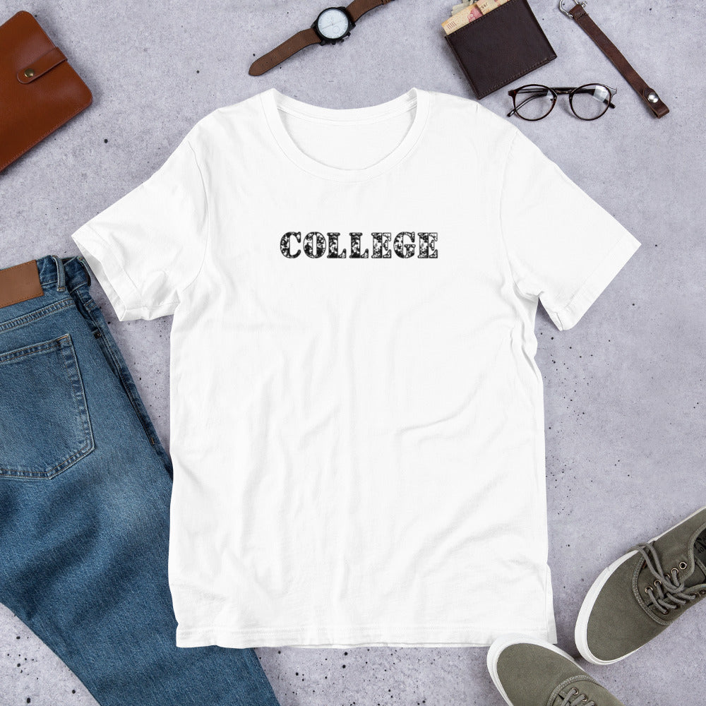 White tee shirt that says "College" in black and white camouflage font