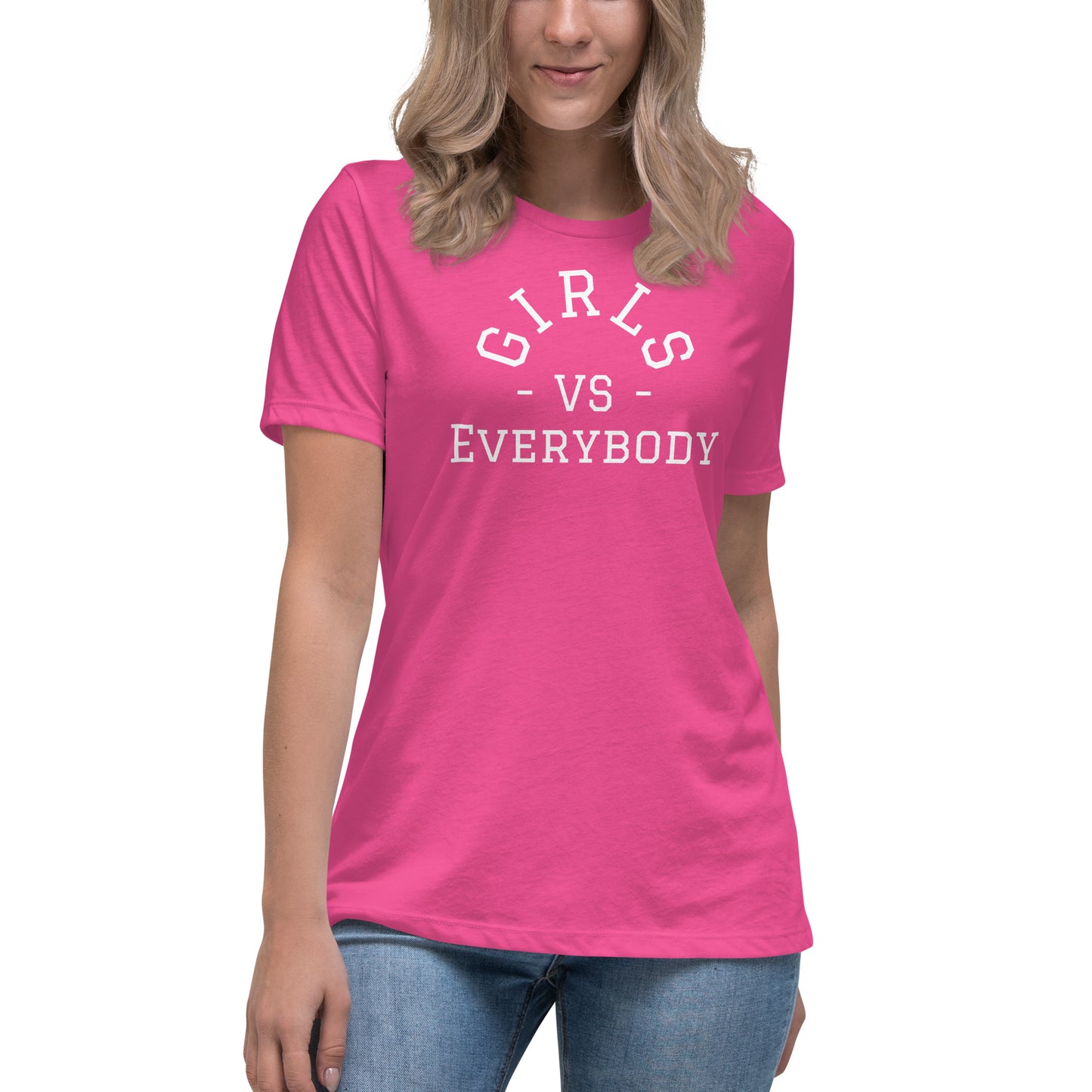 Best women's berry-colored short sleeve graphic tee shirt that says "Girls VS Everybody"