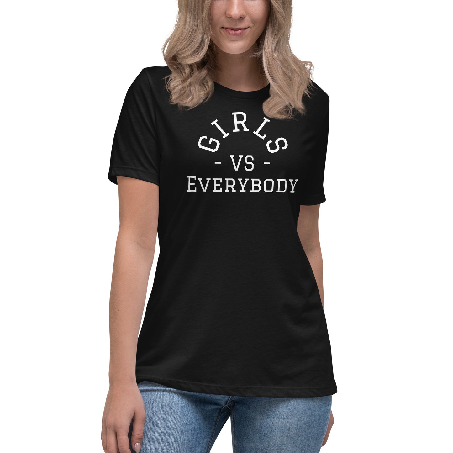 Best women's black short sleeve graphic tee shirt that says "Girls VS Everybody"