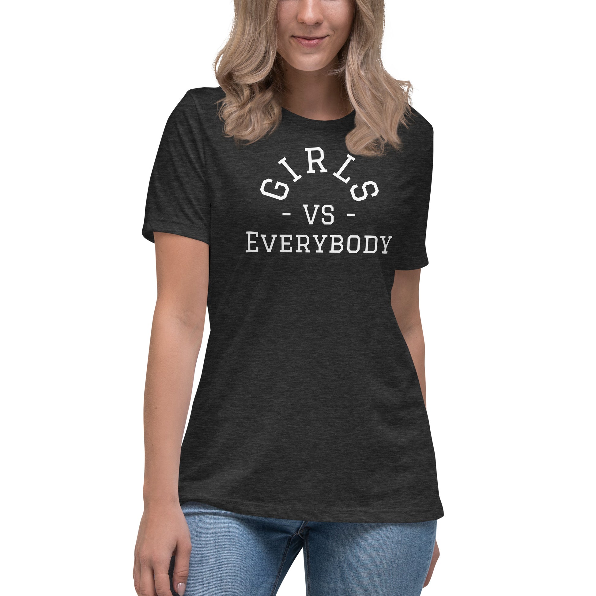 Best women's dark grey heather short sleeve graphic tee shirt that says "Girls VS Everybody"