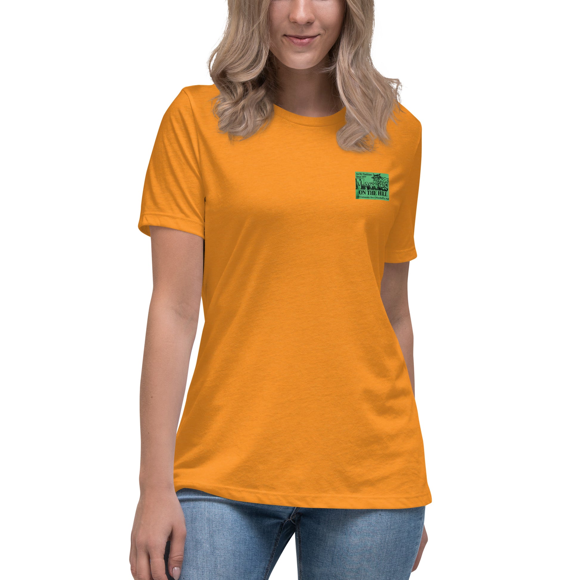 Women's marmalade-orange color crew neck graphic tee shirt with college bar logo