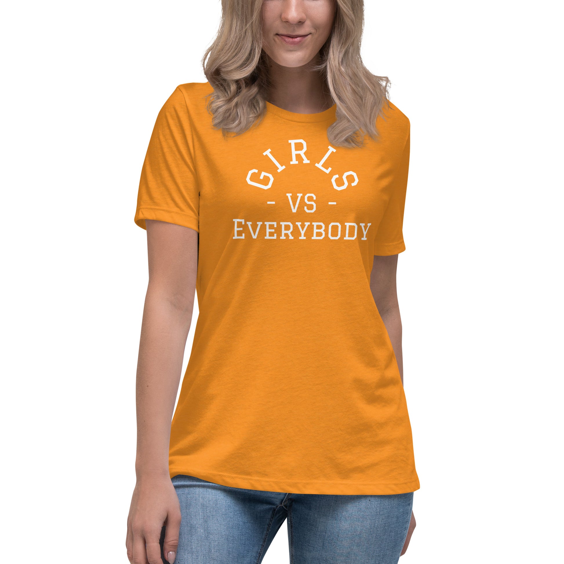 Best women's orange-marmalade short sleeve graphic tee shirt that says "Girls VS Everybody"