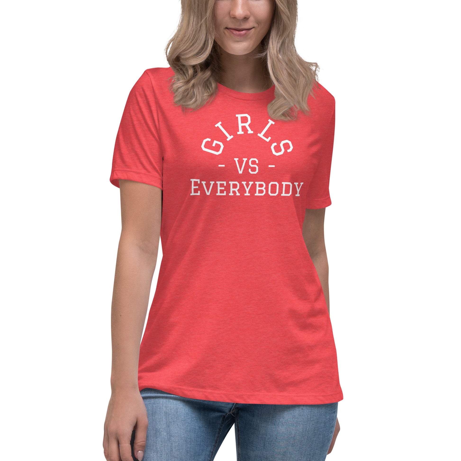 Best women's heather red short sleeve graphic tee shirt that says "Girls VS Everybody"